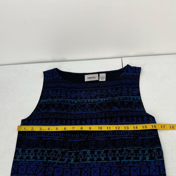 Chico's Travelers 1/M Tank Shell Top Acetate Slinky Stretch Knit Blue Print - Picture 5 of 7